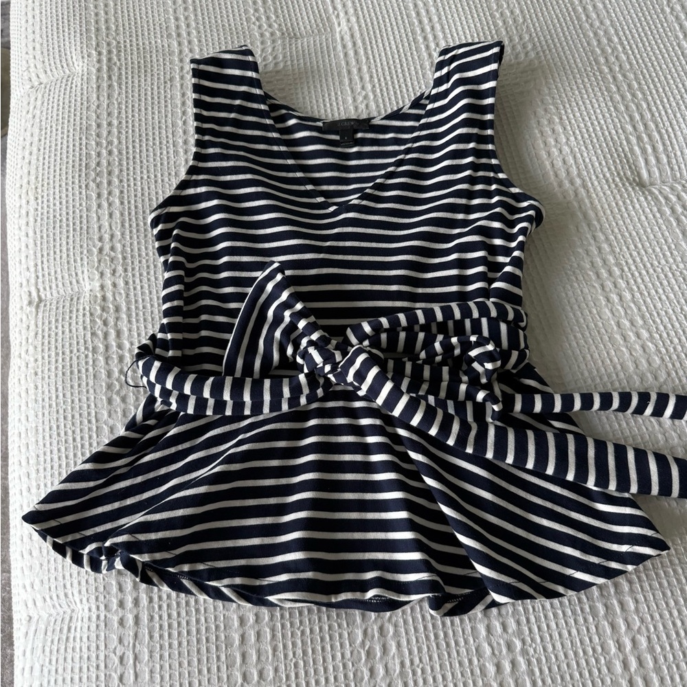 JCrew Navy/White Sleeveless Top with self sash and peplum. Small